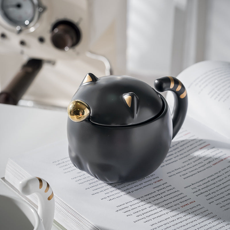 JINEE.CERAMIC Cute Cat Mug With Lid And Spoon