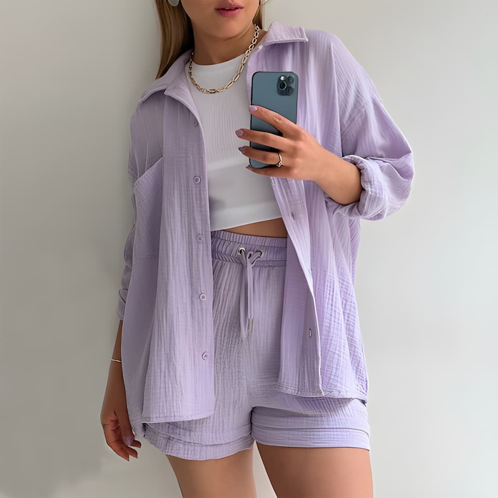 Paryso - Long Sleeve Shirt Shorts Set