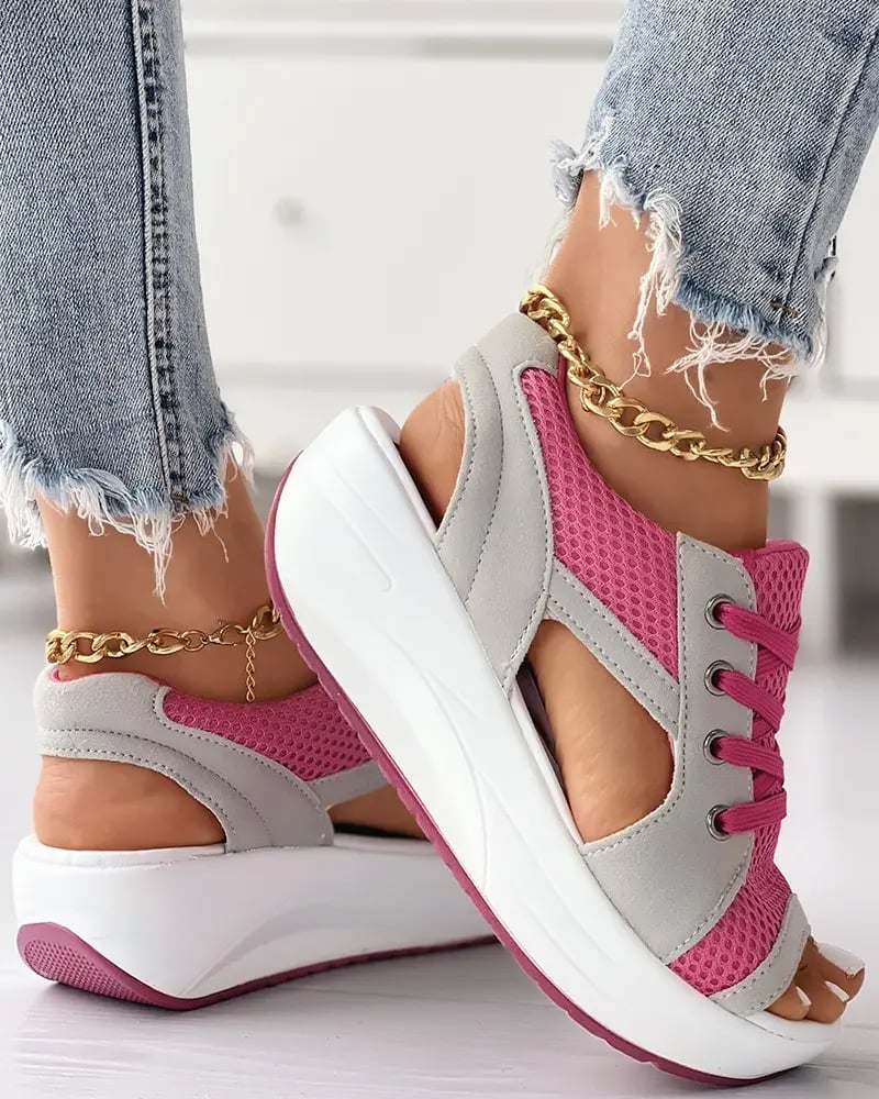 ChicStep™ Contrast Paneled Cutout Lace-Up Sandals