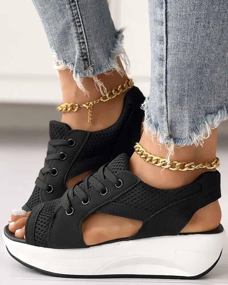 ChicStep™ Contrast Paneled Cutout Lace-Up Sandals